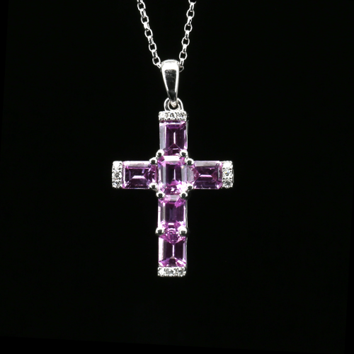 Pink Sapphire Diamond Cross Necklace  - 1