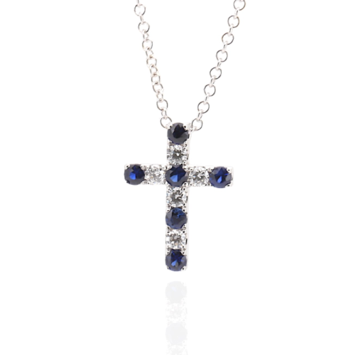 Blue Sapphire Diamond Cross Necklace  - 1