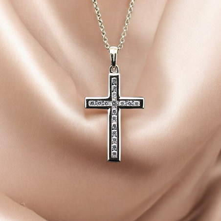 Channel Set Cross Diamond Pendant Neckalce  - 1